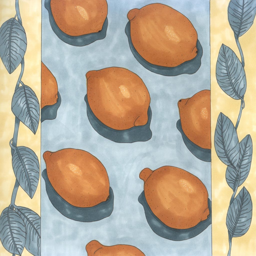 Marker drawing of golden lemons with slate blue shadows on a pale blue panel, between yellow borders with vines of grey blue leaves, by Adelya