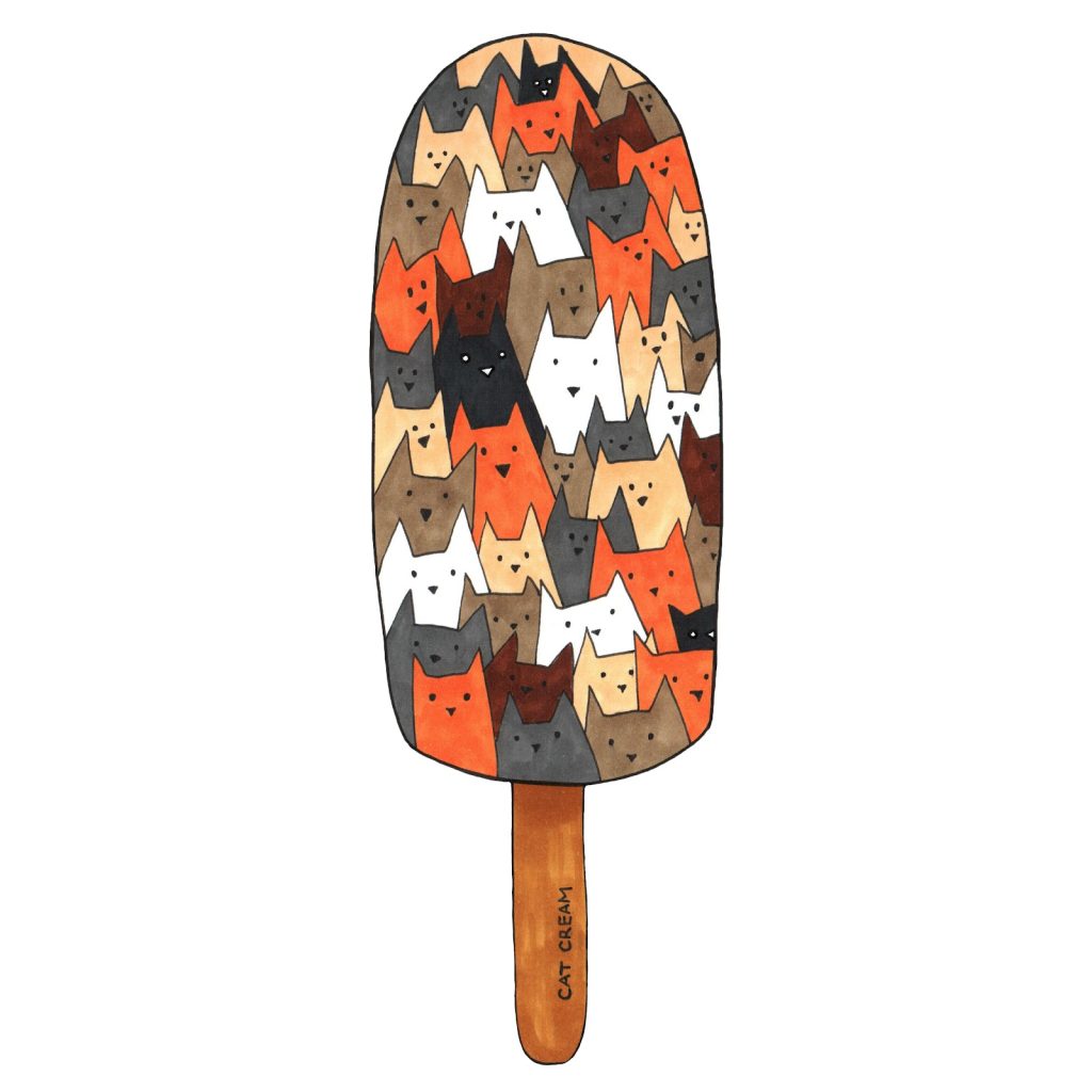 Marker drawing of an ice lolly whose surface is a pattern of cat faces in orange, brown, grey, cream and white, with the words Cat Cream on the stick, by Adelya