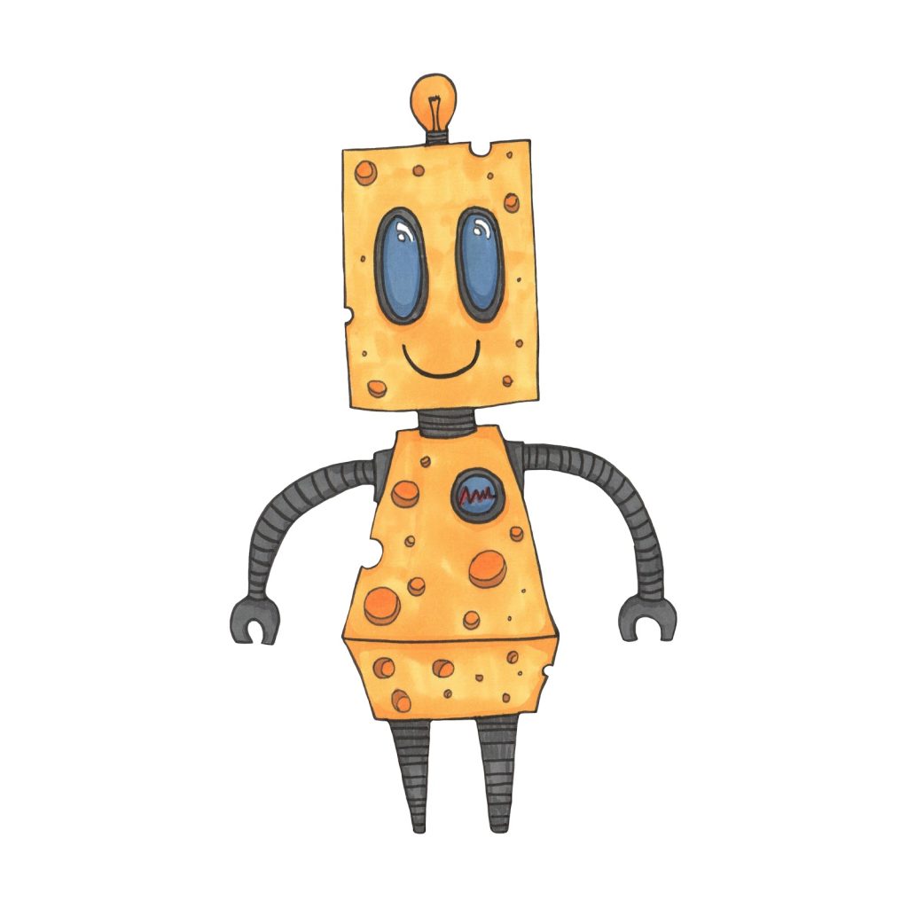 Marker drawing of a smiling robot whose head and body are blocks of yellow cheese with holes, with blue eyes, grey ribbed arms and legs and a light bulb on its head, by Adelya