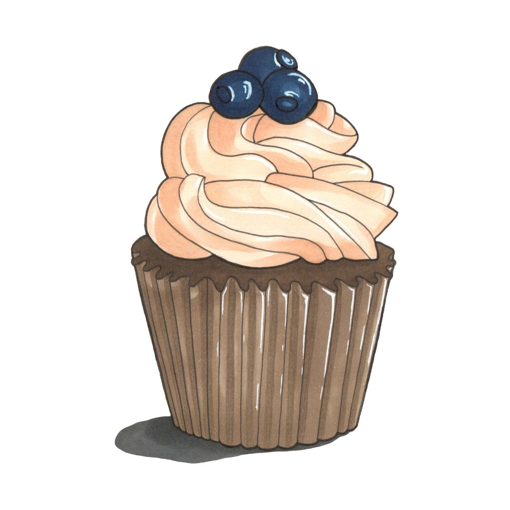 Marker drawing of a chocolate cupcake with pale pink piped cream and three blueberries on top, by Adelya