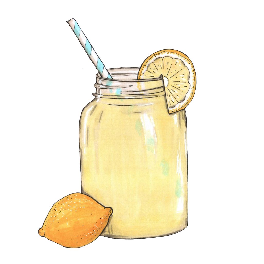 Marker drawing of a glass jar of lemonade with a blue striped straw, a lemon slice on the rim and a whole lemon beside it, by Adelya