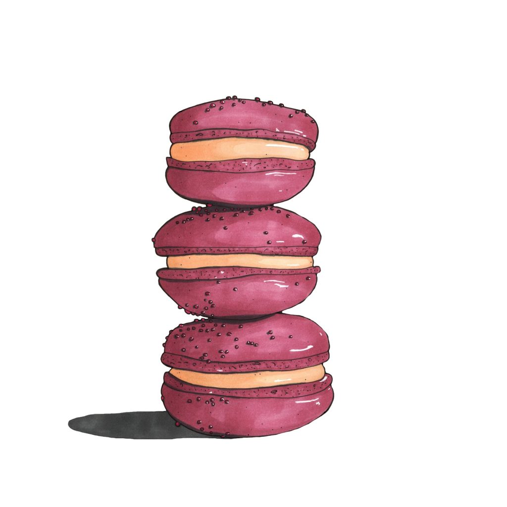 Marker drawing of three berry-coloured macarons stacked on top of each other with a grey cast shadow, by Adelya