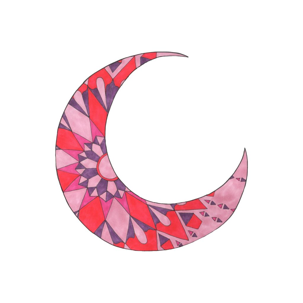 Marker drawing of a crescent moon filled with a geometric pattern in pink, red and violet, by Adelya
