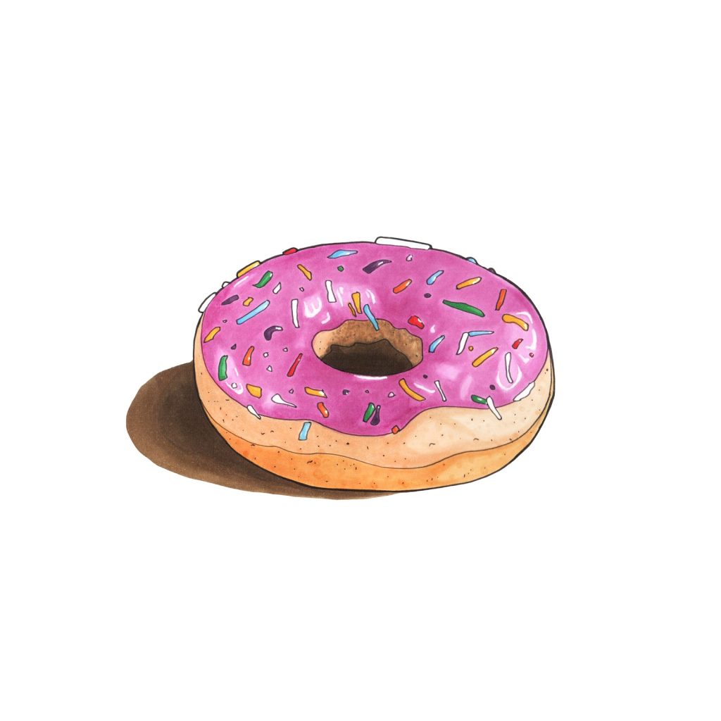 Marker drawing of a doughnut with pink icing and coloured sprinkles and a warm brown shadow, by Adelya