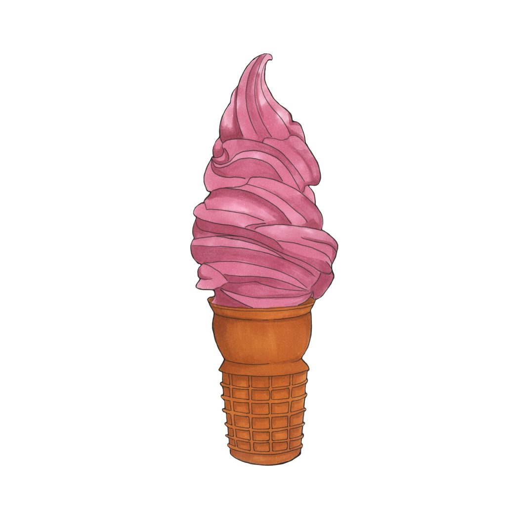 Marker drawing of pink soft-serve ice cream in a wafer cone, by Adelya