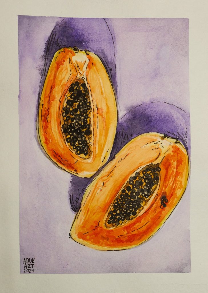 Watercolour painting of two papaya halves with black seeds on a violet background, by Adelya