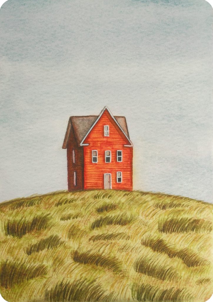 Watercolour of a tall red house with a grey roof alone on a grassy hill under a blue grey sky, on a small rounded card, by Adelya