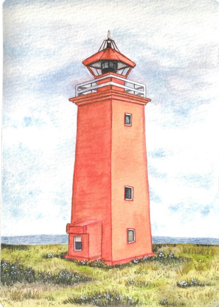Watercolour of a square red lighthouse with a white railed gallery on green grass by the sea, on a small rounded card, by Adelya