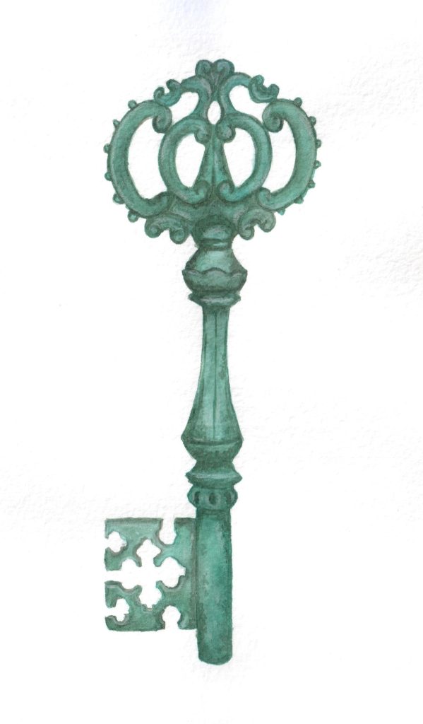 Marker drawing of an ornate old key in dark green with a curled bow and a cross-shaped bit, by Adelya