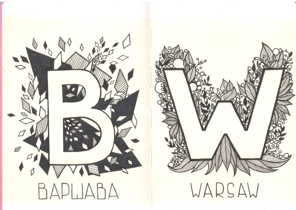 Black ink sketchbook spread: the Cyrillic letter В among sharp shards over the word Варшава, and the letter W wrapped in leaves and berries over the word Warsaw, by Adelya