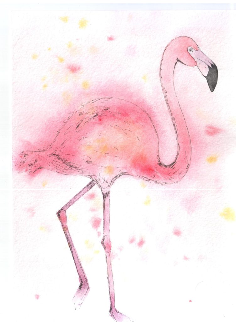 Watercolour flamingo in soft pinks standing on one page of a sketchbook, with splashes of pink and yellow around it, by Adelya