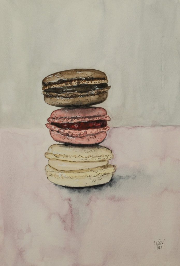 Watercolour drawing of three stacked macarons in brown, pink and cream on a pale pink surface, by Adelya