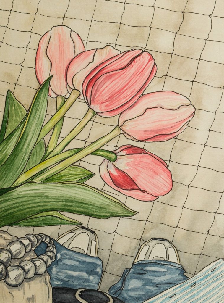 Watercolour drawing of pink tulips in a net shopping bag seen from above, with blue jeans and white trainers below, by Adelya