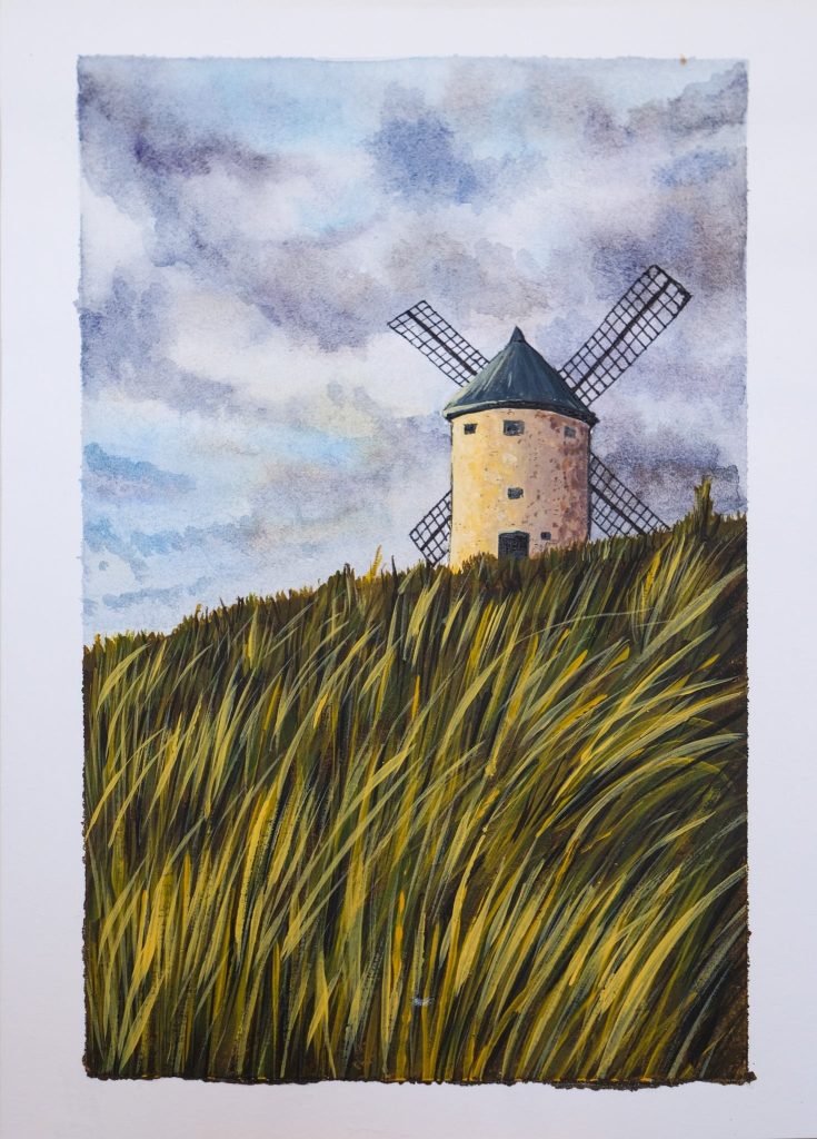 Painting of a round windmill with latticed sails above tall wind bent grass under a cloudy violet sky, by Adelya