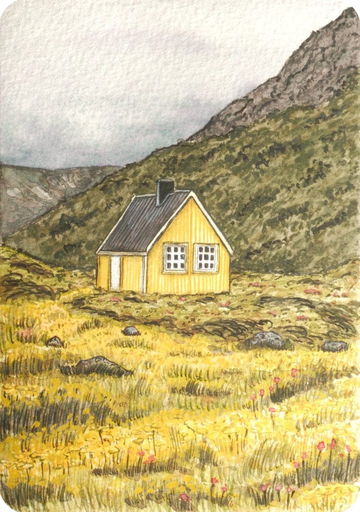 Watercolour of a yellow house with a dark roof in a golden meadow under a green mountain, on a small rounded card, by Adelya