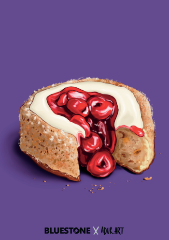 Illustrated cherry-filled doughnut on a purple postcard, co-branded Bluestone × aduk.art