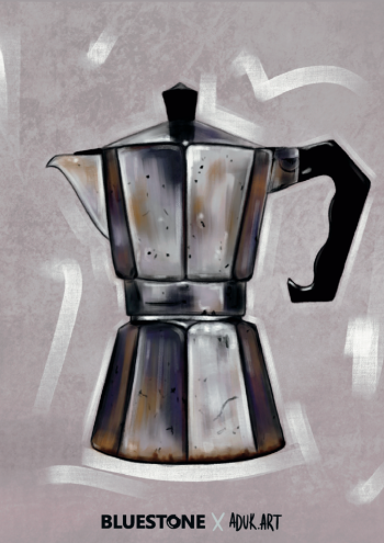 Illustrated moka pot on a grey postcard, co-branded Bluestone × aduk.art