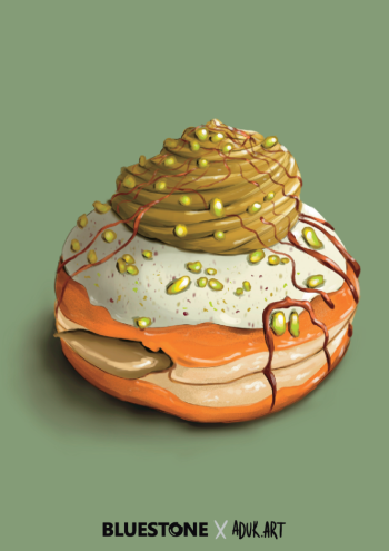Illustrated pistachio doughnut on a sage-green postcard, co-branded Bluestone × aduk.art
